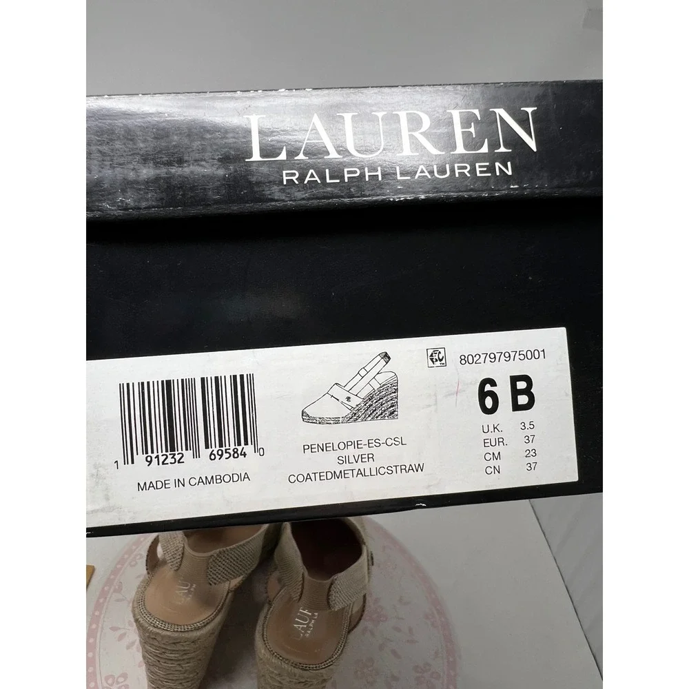 LAUREN Ralph Lauren Penelopie Espadrille Wedge Women 6 Silver Metallic Straw New